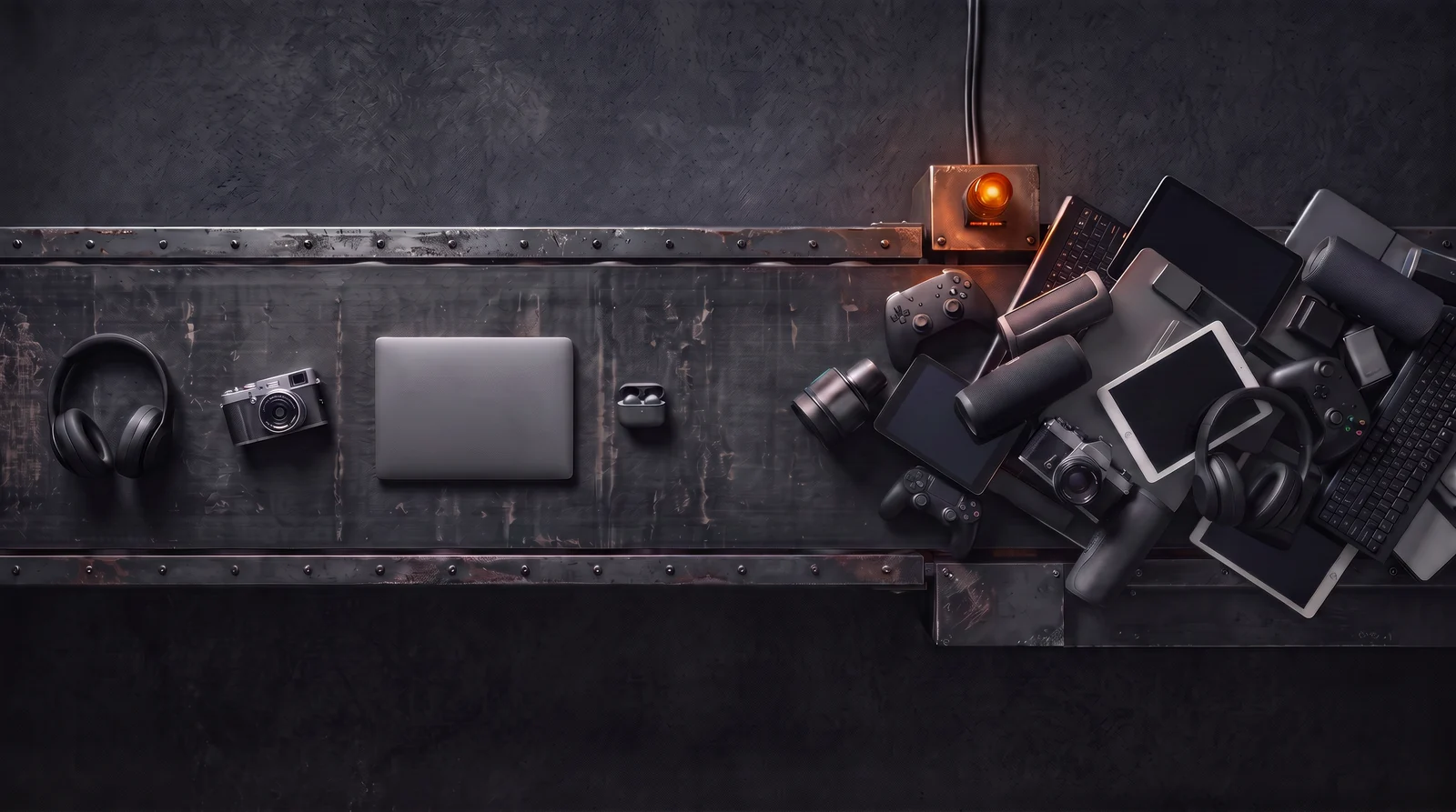 Consumer electronics on a dark conveyor belt, orderly on the left and piling up at a bottleneck on the right under an orange warning light