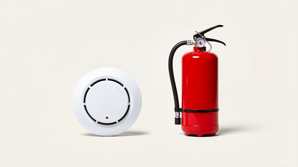 A smoke detector standing on its edge beside a red fire extinguisher