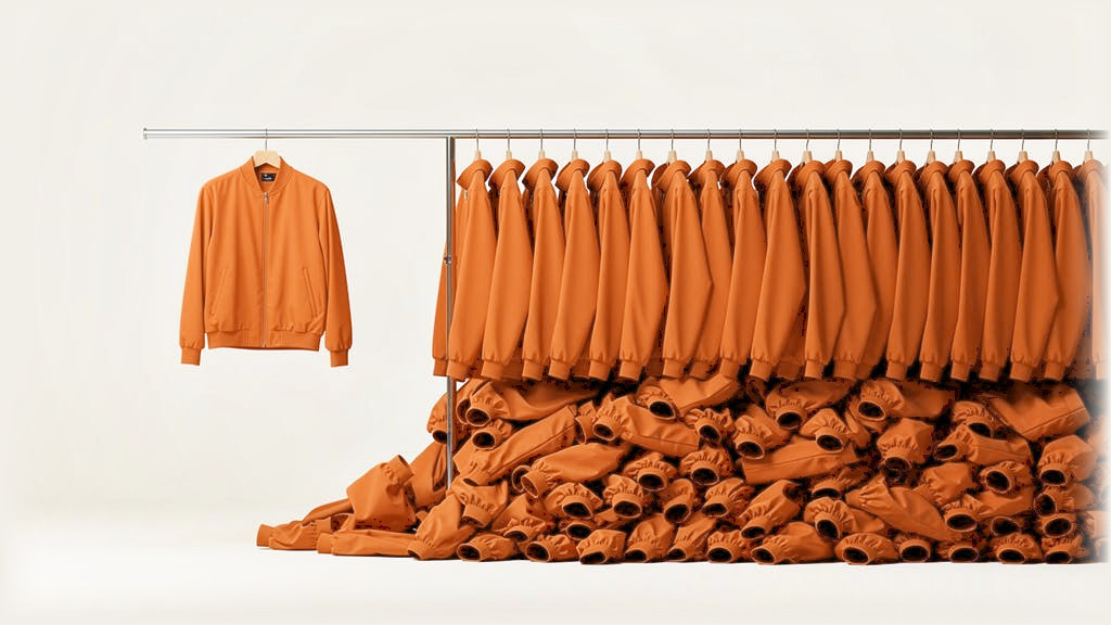 One jacket on a hanger, a rail of twenty more, and a heap on the floor