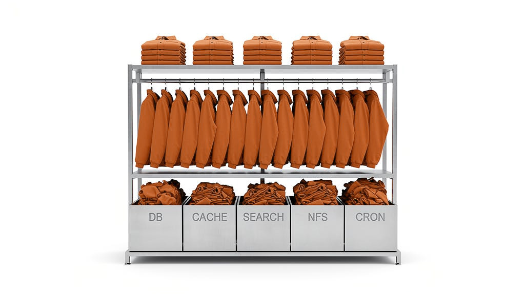 A three level rack with bins labelled DB, CACHE, SEARCH, NFS and CRON