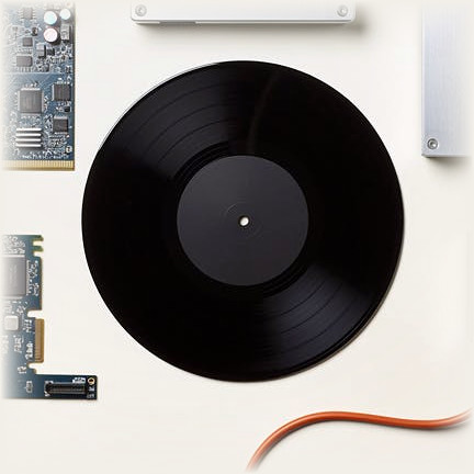 A vinyl record on a platter beside circuit boards and aluminium panels