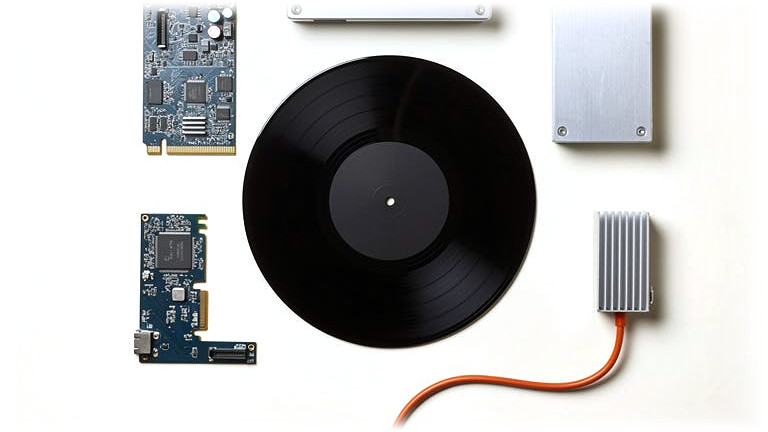 A vinyl record centred between circuit boards and an orange cord