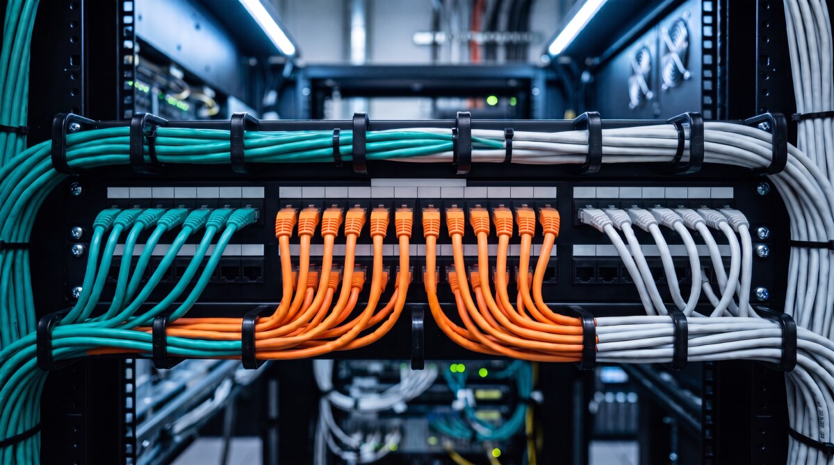 Server rack patch panel with teal, orange, and white ethernet cables